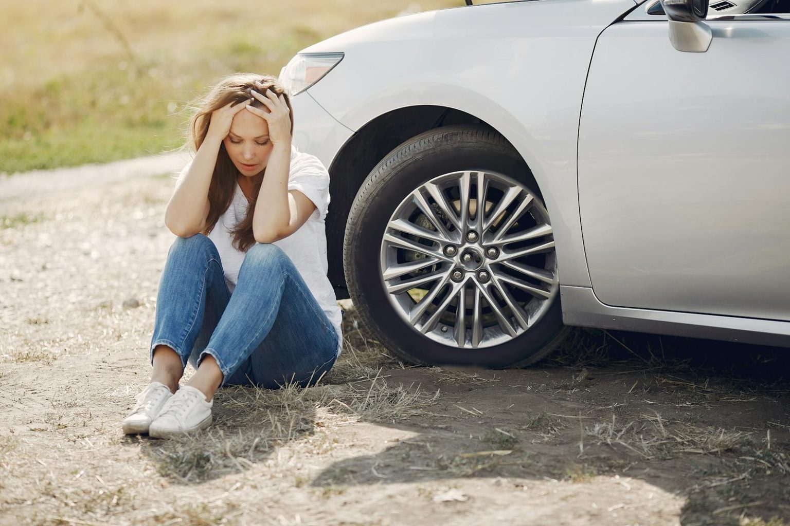 Woman distressed by car breakdown sitting next to vehicle on rural road