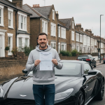 A man proudly holds a certificate in front of a sleek black sports car, showcasing his achievement and the vehicle